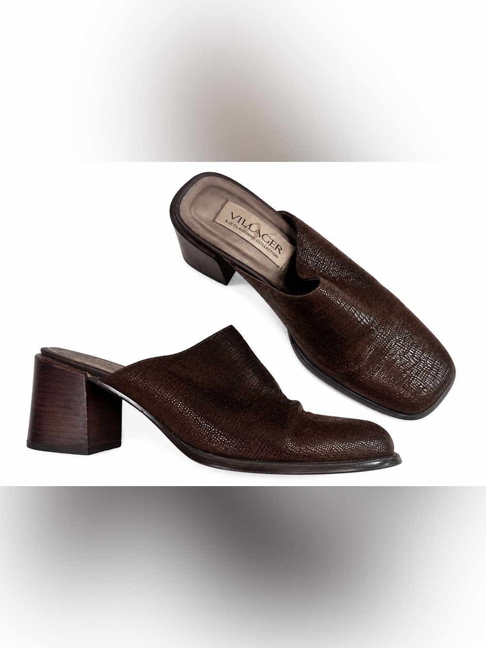 villager Liz Claiborne Vintage Dark Brown Textured Leather Block Heel Mules